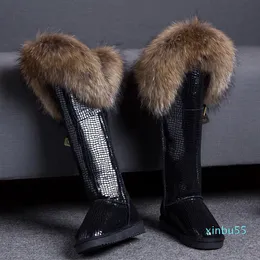 Sneeuw Warme Bont Schoenen Vrouwen Winter Voering Echt Bont Afwerking Suède Knie Hoge Laarzen Dikke 12 Kleuren Flats schoenen