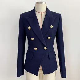 2021 Fall Autumn Long Sleeve Notched-Lapel Navy Blue Solid Color Slim Metal Buckles Double-Breasted Blazers Elegant Top Quality Outwear Coats 21O13076