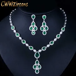 Elegant White Gold Color Green Water Drop Cubic Zirconia Crystal Big Wedding Necklace Earring Set for Brides T285 210714