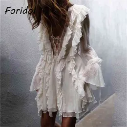 Foridol Seksi Lace Up Fırfır Şifon Elbise Kadın Bahar Plaj Örgü Kısa Elbise Yaz Boho Moda Uzun Kollu Elbise Yeni 210415