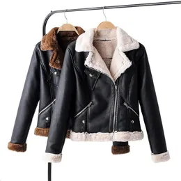 Mode Kvinnor Faux Lamb Wool Fur Jacka Cool Lady Pocket Leather-Clad Kvinna Vänd ner Krage Moto Girls Chic Sets 210527