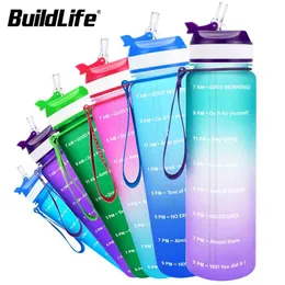 BuildLife Water Bottle 1L 32oz Portable Gym läcksäker fitness Kettle Tritan med halmcykelflaskor Drinkware Jugs BPA gratis 210917