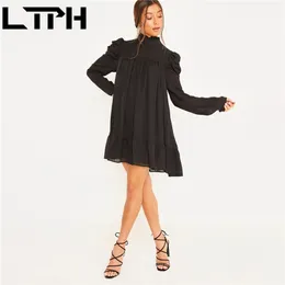 LTPH Specjalna Sprzedaż Luźne Eleganckie Kobiety Sukienka Turtleneck Turtleneck Ruffles A-Line Plus Size Szyfonowe Suknie Wiosna 210915