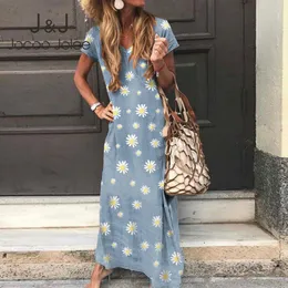 JOCoo Jolee Kobiety Daisies Drukuj Długa Sukienka Casual Z Krótkim Rękawem V Neck Maxi Dress Summer Boho Beach Sundress Plus Size 5XL 210518