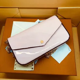 Felicie pochette lyxiga designerväskor handväska Blank mono Präglad Vernis Patent Kalvläder Axelväska Kedja Anpassningsbar kuvertpåse med låda