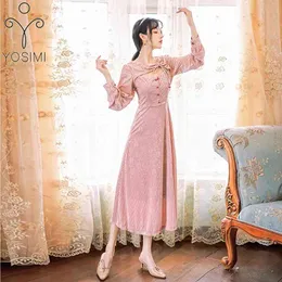 YOSIMI Pink Velvet Jacquard Long Women Dress Hollow Out Fit and Flare Sexy Mid-calf Evening Party Sleeve Winter 210604