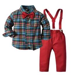 Conjunto de roupas para meninos outono manga longa xadrez gravata borboleta tops + calças suspensórios bebê criança formal terno cavalheiro