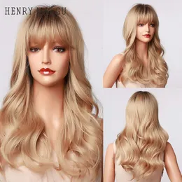Synthetic Long Deep Wave Wigs Ombre Brown Golden Blonde Party Wigs with Bangs for White/Black Women Heat Resistantfactory direct