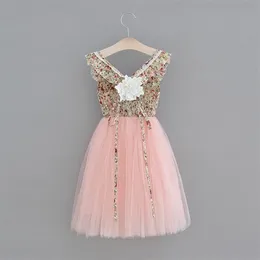 Wholesale Easter Girl Princess Dress Beige Floral Mid Calf Length Pink Gauze Backless Sweet Children Clothing 2-7Y HH001 210610