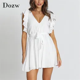 Mulheres Mulheres Mini Branco Vestido Deep V Neck Ruffles Praia Sundress Sem Mangas Sem Mangas Chique Lady Ropa Mujer 210515