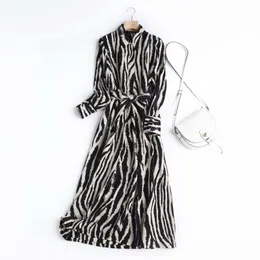 Mulheres vestido de verão manga longa estilo moda vintage simples zebra padrão festa midi vestido mulheres vestidos com barra 210422