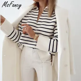 MSFancy de malha pulôver mulheres vintage preto e branco xadrez manga longa camisola mujer chic v-pescoço casual tops 211215