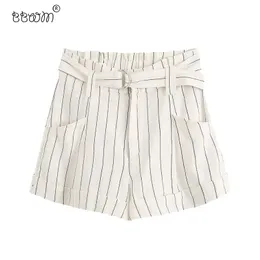 Women Elegant Fashion Striped Shorts With Belt Vintage Zipper Fly Pockets Short Pants Ladies Chic Pantalones Cortos 210520