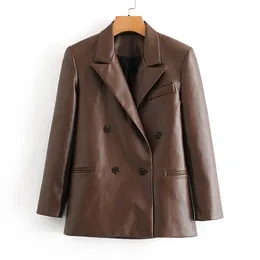 Snygg PU Faux Leather Pocket Blazer Coat Kvinnor Mode Dubbel Breasted Långärmad Kvinna Blazers OuterWear Chic Toppar 210430