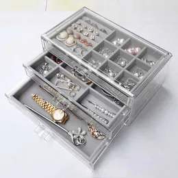 Przezroczyste pudełko z biżuterią akrylową, kolczyki, pierścienie, naszyjniki, wisiorki, wyświetlacz biżuterii, pudełka do przechowywania tacy flanelowej X0703
