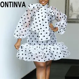 Kobiety Polka Dot Organza Party Dress Oversize See przez Fashion Bow Collar Długie Rękawy Cake Spódnica Słodka Sexy Celebrity Dresses 210527