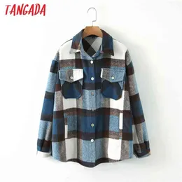 Tangada Autumn Winter Women Blue Plaid Long Coat Jacket Pocket Casual Warm Overcoat Fashion Outwear Tops QW12 210818