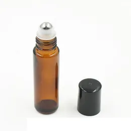 10ml Mini Roll på glasflaska Fragrance Perfume Amber Brown Tjock Glasflaskor Essential Oljeflaska Med Stål Metall Roller