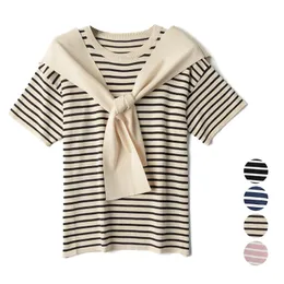 Kvinnors T-shirt 2021 Sommar Striped Round Collar Navy Shawl Short Sleeves Tunna Sticka Top Web Kändis Koreansk Små Blus Kvinna