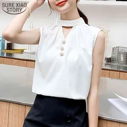 夏の白いVネックノースリーブ女性のシャツの女性スタンドカラーシャツ中空アウト韓国ルーズボタンボトムリングブラウス9564 210508