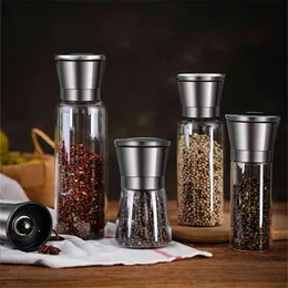 Salt and pepper grinder shakers Stainless steel grain mill glass spice jar seasoning bottle kitchen canister sets 210712