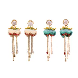 Styl Gem Enamel Lily z Doliny Kwiat Kolczyki Długie Tassel Ear Stud Women Whole