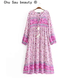 Chu Sau beauty Fashion Boho Vintage 3 Colour Floral Print Loose Long Dress Beach Tassel Dresses Female Vestido De Moda 210508
