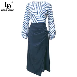 Autumn Fashion Runway Skirt Sets Women's Casual Long sleeve Stripe Tops and High waist Midi Skirts 2 Piece Suit 210522