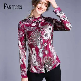 Luksusowa wiosenna jesień Kobiety kwiatowy nadruk Koszula Runway Wysokiej jakości marka Elegancka długi rękaw Zrzuć bluzki kołnierza 210520