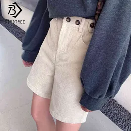 Plus Size Spring Women's Loose Pockets Fashion Mid Waist Office Lady Buttons Female Corduroy Shorts B9D605S 210416