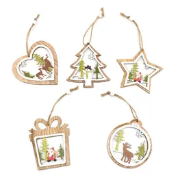 2021 35st / set Julgran Ornaments Hängande Xmas Tree Openwork Träklockor Fem-spetsigt Star Träfönster Hängsmycke Dekoration