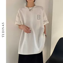 Yedinas Sommer Baumwolle T-shirt Frauen Weiß Übergroße T-shirts Reflexion Brief Gedruckt Japanischen Stil Harajuku Lose T-shirt 210527