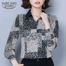 Printed Office Ladies Shirt Temperament Casual Slim Women Shirts Feminina Long Sleeve Polo Collar Blouses 6894 50 210417