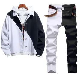 Szycie Kolor Męskie Dwa Kawałki Zestawy Jesienne Dresy Biały / Czarny Dżinsowy Kurtka + Skinny Stretch Jeans 2szt-Set Conuntos de Hombres