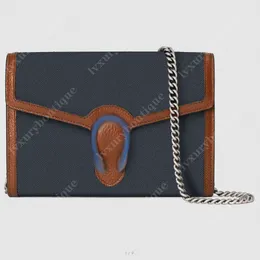 401231 Borsa a tracolla a catena Denim WoC Dionysu con vintage Blue Hardware Tiger Head Spur