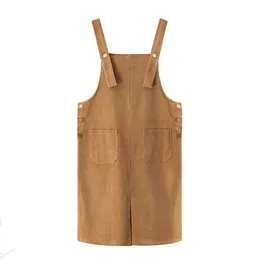 Solidna żółta Khaki Bib Ogólna Długość Kolana Dress Dungarees Salopette Kobiety Jesień Kieszeń D1506 210514