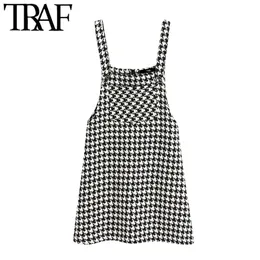 TRAF Женщины Мода Houndstooth Tweed Pinafore платье винтаж без рукавов карманы ремни женские платья Vestidos Mujer 210415