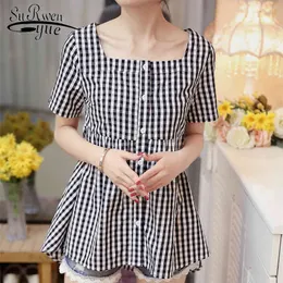 cotton shirt women blouse summer woman's tops black and white plaid doll short sleeve clothing 0139 40 210521