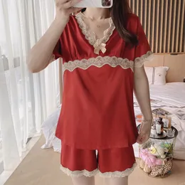 Pijama de seda de gelo de verão Set Mulheres Manga Curta SleeveWear Nightwear Loose Cetim Loungewear Pijama Pour Femme Lace Trim Home Suit X0526