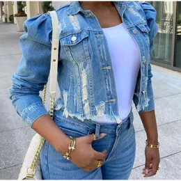 Autumn Women Puff Sleeve Hole Denim Jackor Plus Size Single Breasted Short Jean Jacket Female Ripped Streetwear Lady Coat