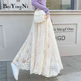 Spets midi kjol kvinna solid färg ihålig ut maxi långa svarta kjolar kvinna pläterad koreansk hög midja jupe saias foder 210506