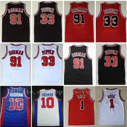Kolej erkek giyer erkek # 33 Scottie Pippen Formalar # 91 Dennis Rodman Jerseythe Solucan 10 # Dennis Rodman-Erkekler Spor Gömlek Dikişli Kırmızı Beyaz Siyah Gömlek S-XXL
