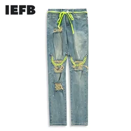 IEFB İlkbahar Yaz erkek Streetwear Denim Pantolon Chian Hole Dekorasyon Yüksek Bel Hip Hop Jeans Vintage Bez 9Y5445 210524