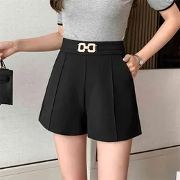 Summer Korean Fashion Metal Buttons Shorts Women Loose High Waist Wide Leg Solid Haruku Woman 210507