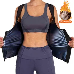 Kvinnor Bastu Shaper Vest Thermo Sweat Shapewear Tank Top Bantning Vest Midja Trainer Korsett Gym Fitness träning Zipper Shirt 211112