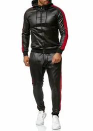 Men's Tracksuits 2021 PU Leather Hoodies Set 2 Piece Casual Sweatsuit Hooded Jacket And Pants Jogging Suit Men