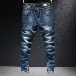 Ly Korean Moda Męskie Dżinsy Wysokiej Jakości Retro Dark Blue Elastyczna Bawełna Ripped Vintage Designer Slim Fit Denim Spodnie 0 VCM