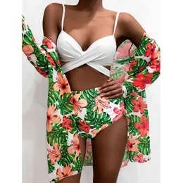 Drukowane Bikini Zestaw Plażowa Cover Up Women High Waist Swimsuit Kobiet Sexy Cross Push Swimwear Bather Kostium kąpielowe 210521