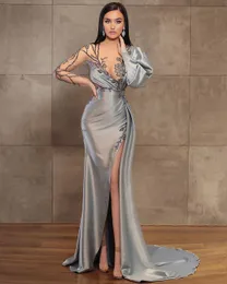 Arabische Aso Ebi Sier Perlen Meerjungfrau Abendkleider Lange Ärmel Abendkleid Sheer Neck Formale Party Kleider für den zweiten Empfang