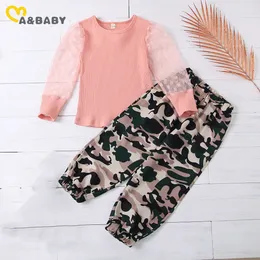 1-6Years Fashion Spring Autumn Toddler Kid Girl Child Clothes Set Knitted Mesh Long Sleeve Tops Camo Pants Outfits 210515